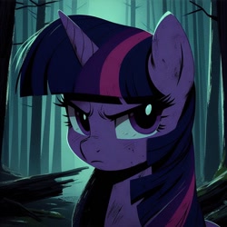 Size: 1024x1024 | Tagged: safe, ai content, derpibooru import, generator:bing image creator, generator:dall-e 3, machine learning generated, twilight sparkle, unicorn twilight, pony, unicorn, g4, dark, dirty, fog, forest, horn, nature, prompter:enterusxrname, serious, serious face, solo, stern, tree