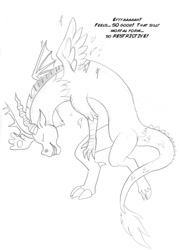 Size: 650x910 | Tagged: safe, artist:arania, derpibooru import, discord, draconequus, dialogue, eyes closed, human to draconequus, male, monochrome, simple background, smiling, transformation, transformation sequence, white background