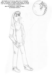 Size: 700x994 | Tagged: safe, artist:arania, derpibooru import, human, clothes, converse, denim, dialogue, grayscale, hand in pocket, hoodie, human male, human to pony, imminent transformation, jeans, looking at something, male, male to female, mare in the moon, monochrome, moon, pants, pencil drawing, shirt, shoes, simple background, species swap, text, traditional art, transformation, transformation sequence, transgender transformation, v-neck, white background