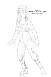 Size: 700x1050 | Tagged: safe, artist:arania, derpibooru import, human, character to character, chell, clothes, dialogue, female, grayscale, human female, human to pony, imminent transformation, jumpsuit, long fall boots, monochrome, pencil drawing, portal (valve), simple background, solo, species swap, text, traditional art, transformation, transformation sequence, white background