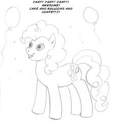 Size: 700x761 | Tagged: safe, artist:arania, derpibooru import, pinkie pie, earth pony, pony, balloon, character to character, confetti, dialogue, female, grayscale, grin, human to pony, mare, monochrome, pencil drawing, post-transformation, simple background, smiling, solo, species swap, that pony sure does love balloons, traditional art, transformation, transformation sequence, white background