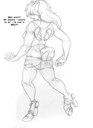 Size: 900x1238 | Tagged: safe, artist:arania, derpibooru import, rainbow dash, hybrid, satyr, breasts, clothes, dialogue, female, female to futa, futa, grayscale, human to taur, mid-transformation, monochrome, pencil drawing, ripping clothes, simple background, solo, torn shoes, traditional art, transformation, transformation sequence, transgender transformation, white background