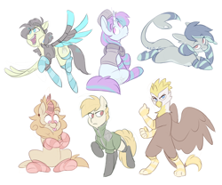 Size: 3772x3136 | Tagged: safe, artist:luximus17, derpibooru import, oc, oc:adroga, oc:airweb, oc:belisca, oc:geneva, oc:palisade, oc:plimmyra, earth pony, griffon, kirin, original species, pegasus, pony, shark, shark pony, unicorn, clothes, horn, simple background, socks, striped socks, white background