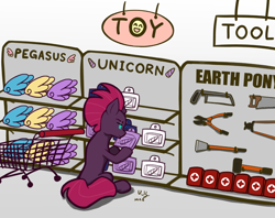 Size: 1260x1000 | Tagged: safe, artist:the-park, derpibooru import, fizzlepop berrytwist, tempest shadow, pony, first aid kit, horn, saw, shopping, shopping cart, simple background, solo, toy, white background, wings