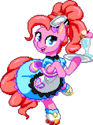 Size: 944x1272 | Tagged: safe, artist:dstears, artist:epicvon, derpibooru import, pinkie pie, earth pony, pony, coinky-dink world, eqg summertime shorts, equestria girls, bow, clothes, cute, dress, equestria girls ponified, female, food, hair bow, hat, ice cream, looking at you, manepxls, mare, open mouth, pixel art, ponified, pxls.space, roller skates, server pinkie pie, simple background, skates, skating, smiling, solo, species swap, transparent background, waitress