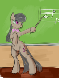 Size: 1280x1677 | Tagged: safe, derpibooru import, octavia melody, earth pony, pony, g4, 30 minute art challenge, bipedal, bowtie, chalk, chalkboard, female, mare, music notes, pointer, solo