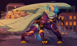 Size: 4241x2507 | Tagged: safe, artist:hakkids2, derpibooru import, oc, oc:vindi, anthro, pegasus, unguligrade anthro, armor, boots, clothes, gas mask, mask, rooftop, shadowbolts, shoes, solo, spread wings, superhero landing, thigh boots, wings