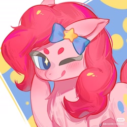 Size: 2108x2108 | Tagged: safe, artist:隔缠, derpibooru import, pinkie pie, earth pony, pony, abstract background, bow, female, hoof on cheek, looking at you, mare, one eye closed, simple background, solo, starry eyes, tongue, tongue out, white background, wingding eyes, wink