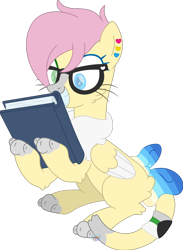 Size: 938x1281 | Tagged: safe, artist:pure-blue-heart, derpibooru import, oc, oc only, oc:banana smoothie, cat, cat pony, original species, pegasus, blank flank, book, cat paws, cat tail, ear piercing, earring, female, fluffy, glasses, heterochromia, jewelry, mare, mare oc, paws, pegasus oc, piercing, pride, pridesona, simple background, sitting, tail, transparent background, watermark