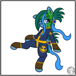 Size: 2000x2000 | Tagged: safe, artist:dice-warwick, derpibooru import, oc, oc only, oc:tapper tablature, original species, pony, fallout equestria, fallout equestria: dance of the orthrus, beauty mark, clothes, ear piercing, eyebrow piercing, eyebrows, fanfic art, female, jumpsuit, mare, mirage pony, piercing, simple background, solo, spots, transparent background, vault suit