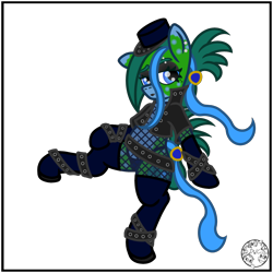Size: 2000x2000 | Tagged: safe, artist:dice-warwick, derpibooru import, oc, oc only, oc:tapper tablature, original species, pony, fallout equestria, fallout equestria: dance of the orthrus, beauty mark, belly button, belly piercing, belts, bodysuit, boots, clothes, dark makeup, ear piercing, eyebrow piercing, eyebrows, fanfic art, female, fishnet clothing, fishnet stockings, gloves, hat, jacket, leather, leather jacket, lipstick, long gloves, mare, mirage pony, panties, piercing, punk, shoes, simple background, socks, solo, spots, thigh boots, thigh highs, thong, transparent background, underwear