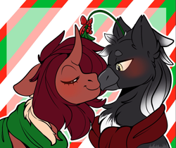 Size: 1097x922 | Tagged: safe, artist:diethtwoo, derpibooru import, oc, oc only, oc:flechette, oc:zephyrus (dr zephy), changeling, griffon, hybrid, moth, mothling, original species, christmas changeling, duo, kissing, red changeling