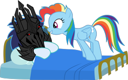 Size: 6614x4157 | Tagged: safe, artist:sollace, derpibooru exclusive, derpibooru import, rainbow dash, soarin', pegasus, pony, g4, newbie dash, alternate hairstyle, bed, cute, duo, dynamic dash, female, mane swap, mare, pun, sauron, side view, simple background, smiling, transparent background, vector, visual pun