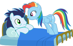 Size: 6614x4157 | Tagged: safe, artist:sollace, derpibooru exclusive, derpibooru import, rainbow dash, soarin', pegasus, pony, g4, newbie dash, alternate hairstyle, bed, cute, duo, dynamic dash, female, mane swap, mare, pun, sauron, side view, simple background, smiling, transparent background, vector