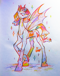 Size: 1975x2476 | Tagged: safe, artist:jehr, derpibooru import, rarity, changeling, unicorn, changeling wings, changelingified, colored pencil drawing, concave belly, holes, horn, insect wings, long legs, long neck, long pony, paper, pencil drawing, rainbow, solo, sparkles, species swap, tall, thin, traditional art, wings
