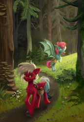 Size: 2612x3800 | Tagged: safe, artist:teaflower300, derpibooru import, oc, oc only, bat pony, pegasus, pony, bat pony oc, duo, forest, nature, pegasus oc, tree