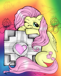 Size: 1174x1451 | Tagged: safe, derpibooru import, fluttershy, pegasus, g4, companion cube, crossover, flower, portal (valve), rainbow background