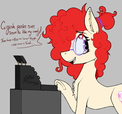 Size: 1020x953 | Tagged: safe, artist:chrysopoeia, artist:pinkberry, derpibooru import, twist, earth pony, g4, alternate design, alternate hairstyle, cash register, chest fluff, cute, dialogue, ear fluff, ears, female, freckles, glasses, hair over one eye, justice, mare, older, older twist, open mouth, open smile, smiling, solo, twistabetes, underhoof