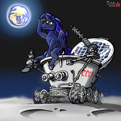 Size: 2400x2400 | Tagged: safe, artist:scarletdex8299, derpibooru import, princess luna, alicorn, pony, camera, cosmonaut, crater, dust, earth, exploring, female, flowing mane, history, irl, lunokhod, moon, photo, planet, ponies in real life, riding, sitting, soviet union, space, space race, technology, vehicle