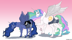 Size: 4800x2700 | Tagged: safe, artist:atariboy2600, derpibooru import, princess celestia, princess luna, alicorn, pony, adidas, butt, clothes, duo, duo female, female, gradient background, high res, hoers, looking at you, looking back, looking back at you, luna is not amused, mare, medium support, meme, moonbutt, pink background, plot, raised hoof, raised leg, royal sisters, shadow, siblings, simple background, sisters, smiling, smiling at you, sports bra, spread wings, sunbutt, unamused, underhoof, wardrobe misuse, wings