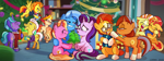 Size: 800x299 | Tagged: safe, artist:lummh, fire flare, firelight, luster dawn, phyllis, spitfire, starlight glimmer, stellar flare, stormy flare, sunburst, sunset shimmer, trixie, earth pony, pegasus, unicorn, brother and sister, christmas, christmas tree, female, holiday, luster dawn is starlight's and sunburst's daughter, male, parent:starlight glimmer, parent:sunburst, parents:starburst, potted plant, present, siblings, sunny siblings, tree