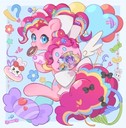 Size: 3515x3579 | Tagged: safe, artist:chonpsk, derpibooru import, applejack, fluttershy, pinkie pie, rainbow dash, rarity, twilight sparkle, earth pony, pony, g4, blushing, candy, donut, exclamation point, female, food, high res, interrobang, looking at you, mane six, mare, mouth hold, question mark, solo, tail