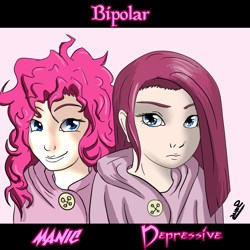 Size: 900x900 | Tagged: artist needed, safe, derpibooru import, pinkie pie, human, g4, bipolar, clothes, curly hair, depressed, female, hoodie, humanized, manic, mental illness, pink background, pinkamena diane pie, signature, simple background, straight hair