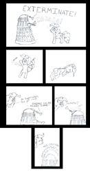 Size: 2279x4362 | Tagged: safe, artist:qaxis, derpibooru import, pinkie pie, earth pony, g4, comic, crossover, dalek, doctor who, exterminate, fake death, monochrome, sketch