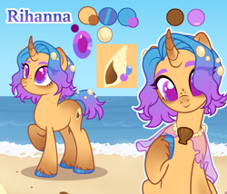 Size: 3500x3000 | Tagged: safe, artist:nika-rain, derpibooru import, oc, oc only, oc:rihanna, pony, unicorn, g4, beach, color palette, colored hooves, colored pupils, curved horn, cute, cutie mark, eye clipping through hair, female, freckles, gradient horn, gradient legs, gradient mane, gradient tail, hoof polish, horn, jewelry, necklace, ocean, raised hoof, raised leg, reference, reference sheet, shawl, show accurate, sky, solo, standing, tail, unshorn fetlocks, vector, water