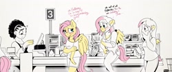 Size: 3336x1400 | Tagged: safe, artist:foxxy-arts, derpibooru import, fluttershy, anthro, human, pegasus, g4, beard, cashier, cellphone, checkout line, dialogue, embarrassed, facial hair, female, food, grocery store, high res, human to anthro, male to female, mid-transformation, multeity, partial color, phone, pineapple, self paradox, simple background, smartphone, so much flutter, species swap, transformation, transgender transformation, uncolored skin