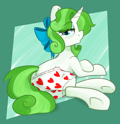 Size: 1362x1406 | Tagged: safe, artist:modularpon, derpibooru import, oc, oc:minty root, pony, unicorn, blue underwear, bow, boxers, butt, clothes, female, hair bow, heart, heart print underwear, horn, lidded eyes, looking at you, looking back, looking back at you, mare, plot, shorts, sitting, solo, underwear