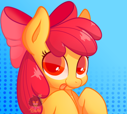 Size: 1338x1200 | Tagged: safe, artist:mayhemtown, derpibooru import, apple bloom, earth pony, pony, g4, adorabloom, big eyes, bow, colored lineart, colored pupils, cute, gradient background, hair bow, looking at you, polka dot background, rainbow, raised hooves, simple background, smiling, smiling at you, solo, tongue, tongue out