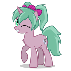 Size: 2800x2800 | Tagged: safe, artist:oblivionfall, derpibooru import, oc, oc only, oc:magicalmysticva, pony, unicorn, g4, bow, chest fluff, female, green eyes, hair bow, horn, mare, one eye closed, open mouth, pigtails, png, raised hoof, raised leg, simple background, solo, teal mane, transparent background, twintails, vector, wink