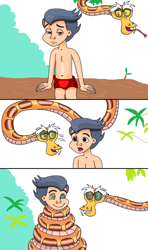 Size: 971x1640 | Tagged: safe, artist:ocean lover, derpibooru import, discord, rumble, human, snake, g4, 1000 hours in ms paint, 3 panel comic, antagonist, bare shoulders, belly button, big smile, bush, child, coils, comic, comic panel, crossover, discord being discord, disney, duo, duo male, eyebrows, forest, forked tongue, frown, happy, human coloration, humanized, hypno eyes, hypnosis, hypnotized, jungle, kaa, kaa eyes, leaves, log, loincloth, looking at each other, looking at someone, male, mowgli, ms paint, nature, open mouth, panel, purple eyes, sad, shocked, simple background, sitting, species swap, squeeze, surprised, the jungle book, trance, transparent background, tree, twig, two toned hair, weird, white background, wrapped snugly, wrapped up