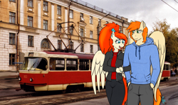 Size: 3637x2160 | Tagged: safe, artist:raw16, derpibooru import, oc, oc:rave muller, oc:ray muller, anthro, pegasus, anthro oc, arm in arm, augmented, augmented eyes, brother and sister, building, city, clothes, cute, denim, ear piercing, eyeshadow, female, hand in pocket, hoodie, jacket, jeans, jewelry, leather, leather jacket, looking at each other, looking at someone, looking down, makeup, male, nail polish, pants, pendant, piercing, ponytail, railroad, real life background, shirt, siblings, sky, smiling, spread wings, street, t-shirt, talking, tatra t3, together, tram, walking, walking together, wings