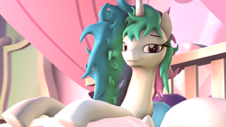 Size: 1920x1080 | Tagged: safe, artist:pika-robo, derpibooru exclusive, derpibooru import, princess celestia, alicorn, pony, g4, 3d, bed, bed mane, bedroom, bedsheets, female, lidded eyes, looking at you, messy mane, missing accessory, morning ponies, smiling, smiling at you, solo, source filmmaker, waking up
