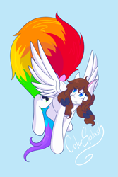 Size: 1365x2048 | Tagged: safe, artist:mscolorsplash, derpibooru import, oc, oc only, oc:color splash, pegasus, pony, bow, female, hair bow, light blue background, long tail, looking back, mare, pigtails, rainbow tail, signature, simple background, smiling, solo, spread wings, tail, twintails, wings