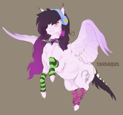 Size: 1517x1422 | Tagged: safe, artist:tarsaqus, derpibooru import, oc, oc only, pegasus, pony, belly fluff, brown background, chest fluff, choker, clothes, female, flying, headphones, leg warmers, mare, simple background, solo, spiked choker