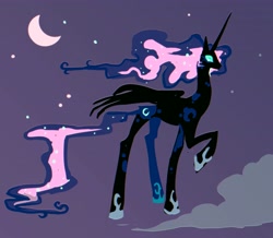 Size: 4096x3570 | Tagged: safe, artist:trollfuneral, derpibooru import, princess luna, alicorn, pony, concave belly, female, hoof shoes, horn, long horn, long legs, mare, missing accessory, moon, skinny, solo, stars, stylized, tall, thin
