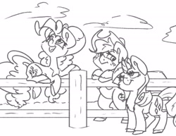 Size: 2048x1582 | Tagged: safe, artist:leadhooves, derpibooru import, applejack, pinkie pie, rarity, earth pony, pony, unicorn, female, fence, grayscale, horn, looking at each other, looking at someone, looking up, mare, monochrome, open mouth, open smile, simple background, smiling, trio, white background