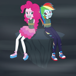 Size: 2000x2000 | Tagged: safe, artist:nie-martw-sie-o-mnie, derpibooru import, pinkie pie, rainbow dash, equestria girls, g4, the lost treasure of griffonstone, bondage, bound and gagged, clothes, converse, duo, gag, leggings, rope, rope bondage, shoes, sitting, skirt, tape, tape gag