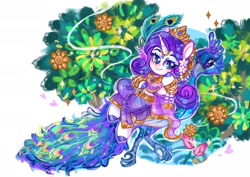 Size: 2048x1448 | Tagged: safe, artist:sonira24, derpibooru import, rarity, bird, peacock, pony, unicorn, g4, bracelet, clothes, female, goddess, horn, horn jewelry, horn ring, jewelry, mare, new year, reclining, regalia, riding, ring, skirt, songkran, thai