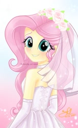 Size: 638x1036 | Tagged: safe, artist:fluttershy_art.nurul, derpibooru import, fluttershy, equestria girls, g4, bare shoulders, beautiful eyes, blushing, clothes, dream, dress, eyeshadow, fanart, flower, flower in hair, gradient background, green eyes, looking at you, makeup, marriage, marry, pink hair, shy, sleeveless, smiling, smiling at you, solo, strapless, veil, wedding, wedding dress, wedding veil
