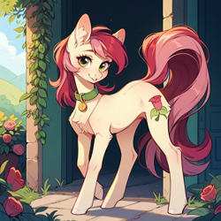 Size: 1024x1024 | Tagged: safe, ai content, derpibooru import, generator:pony diffusion v6 xl, generator:stable diffusion, machine learning generated, roseluck, earth pony, pony, collar, cute, flower, fluffy, looking at you, pet tag, pony pet, prompter:doom9454, rose, rosepet, slender, standing, thin