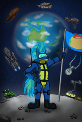 Size: 3000x4464 | Tagged: safe, artist:tacomytaco, derpibooru import, oc, oc only, oc:taco.m.tacoson, anthro, pegasus, pony, battlestar galactica, bipedal, boots, clothes, earth, farscape, flag, force field, gloves, goggles, male, moon, moya, mystery science theater 3000, red dwarf, shoes, solo, space, spaceballs the tag, spacesuit, standing, star trek, starbug, thunderbirds, uss enterprise