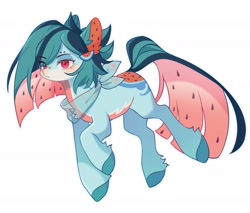 Size: 2048x1742 | Tagged: safe, artist:leafywind, derpibooru import, oc, oc only, earth pony, food pony, original species, pony, eye clipping through hair, eyebrow piercing, eyebrows, eyebrows visible through hair, female, food, hair accessory, mare, neckerchief, piercing, ponified, rule 85, simple background, solo, species swap, watermelon, white background