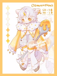 Size: 1528x2048 | Tagged: safe, artist:leafywind, derpibooru import, oc, oc:osmanthus, pony, semi-anthro, unicorn, adoptable, cloak, clothes, hoof shoes, horn, male, solo, spoon, stallion, transparent horn, watermark