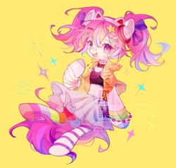 Size: 2048x1946 | Tagged: safe, artist:leafywind, derpibooru import, oc, oc only, earth pony, pony, bandaid, bandaid on nose, bracelet, choker, clothes, female, hairclip, headphones, jacket, jewelry, mare, necklace, simple background, skirt, socks, solo, watermark, yellow background