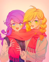 Size: 1616x2048 | Tagged: safe, artist:leafywind, derpibooru import, applejack, rarity, human, braid, clothes, female, humanized, lesbian, rarijack, scarf, shared clothing, shared scarf, shipping