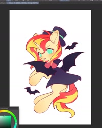 Size: 1404x1755 | Tagged: safe, artist:leafywind, derpibooru import, sunset shimmer, bat, pony, unicorn, bat wings, cape, clothes, costume, fangs, female, halloween, halloween costume, hat, horn, mare, solo, top hat, vampire costume, wings